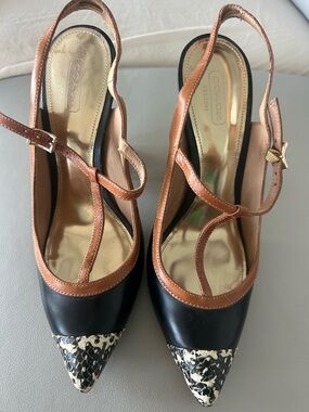 Brand New COACH Two-Tone Pointed Slingback Pumps in Black, Brown & Cream Python